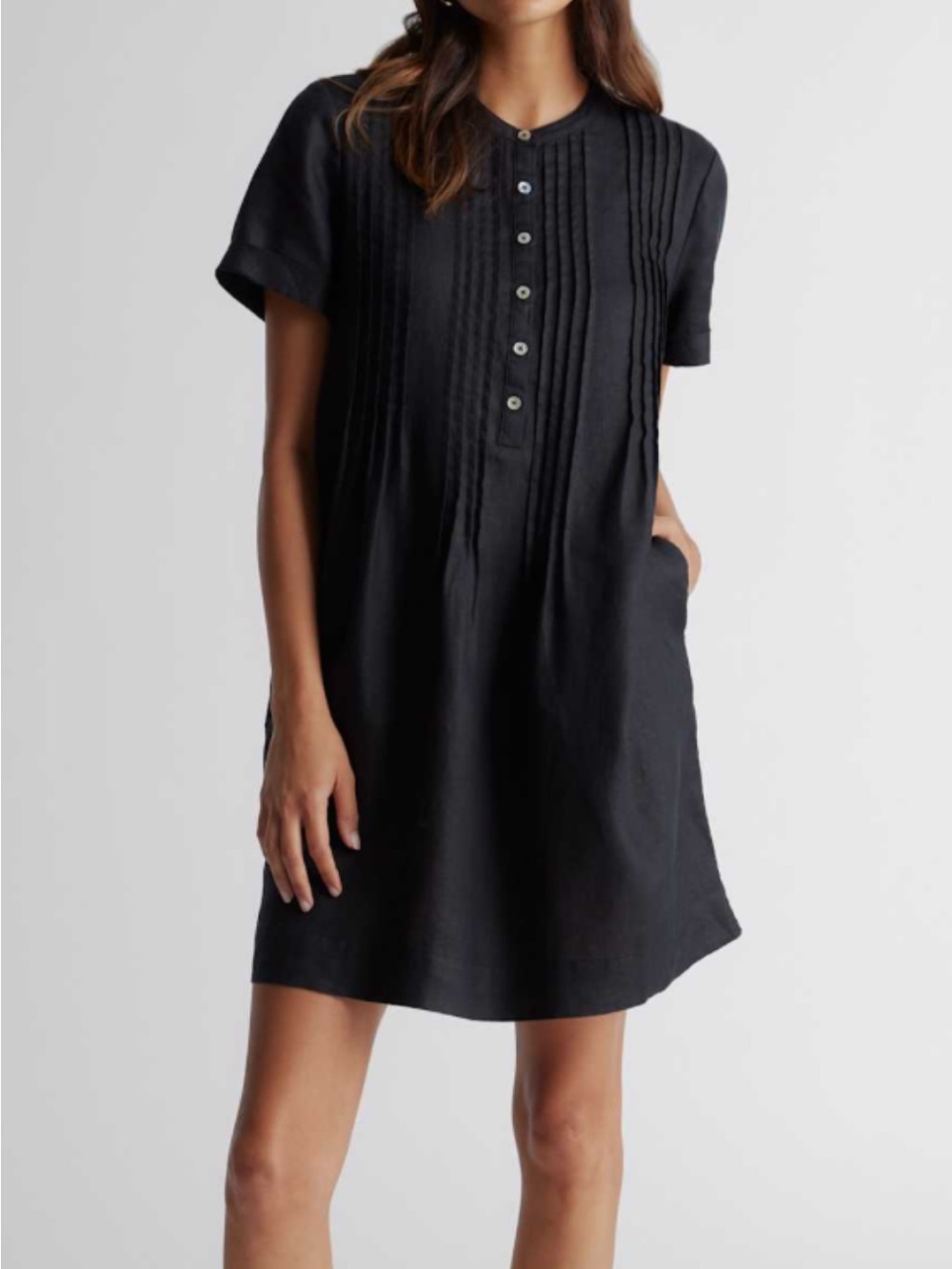 Quince, European linen navy blue Short-Sleeve Pintuck Linen Dress